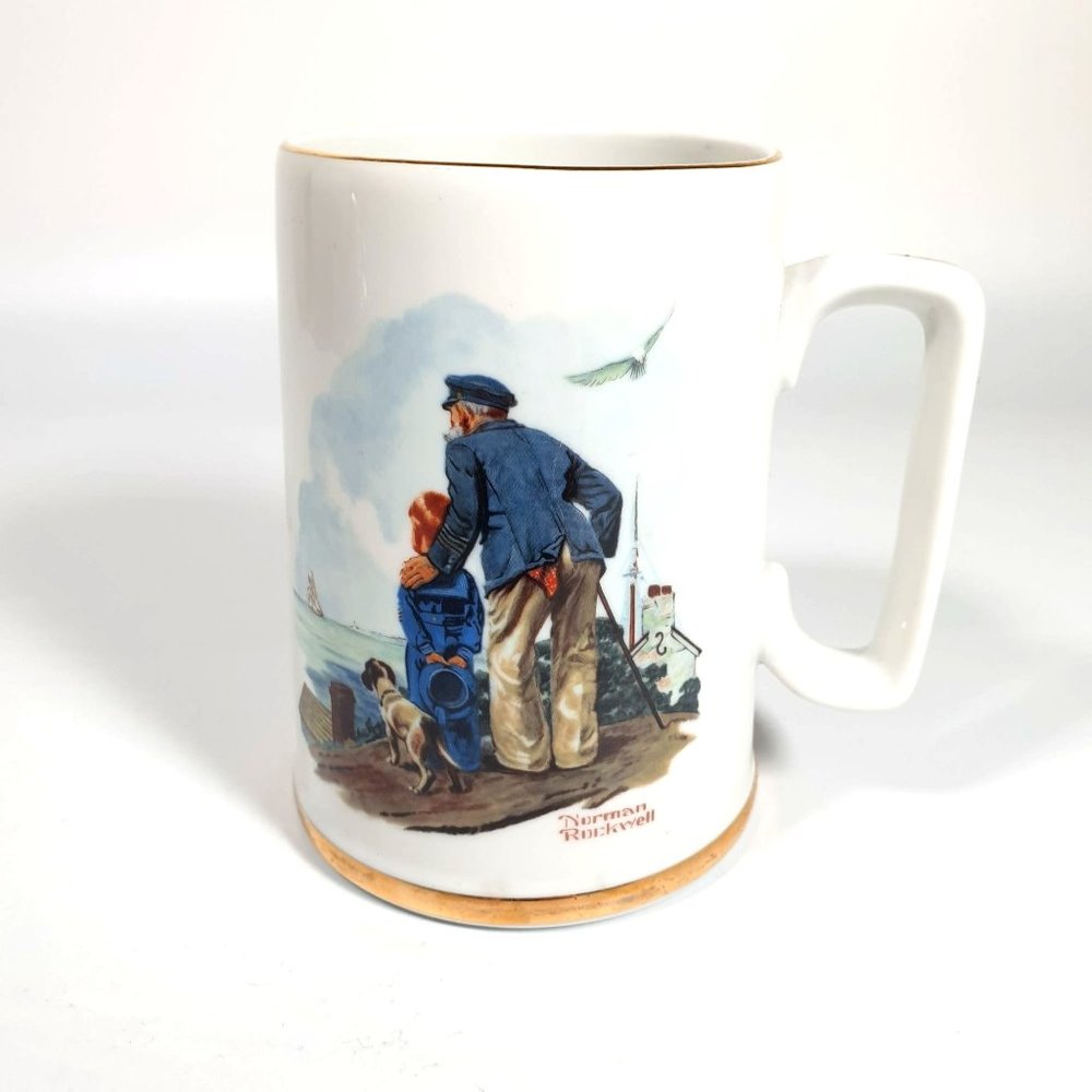 Norman Rockwell Looking Out To Sea Coffee Mug 1985 Museum Vintage Gold Rim